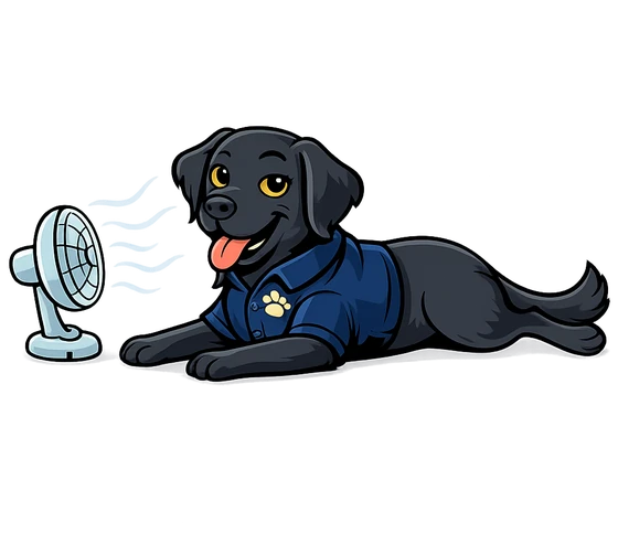 Kona the black labrador mascot relaxing in front of a fan