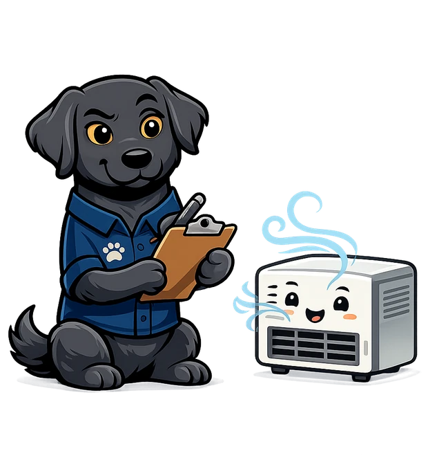 Kona the black labrador mascot with a clipboard beside an air conditioner
