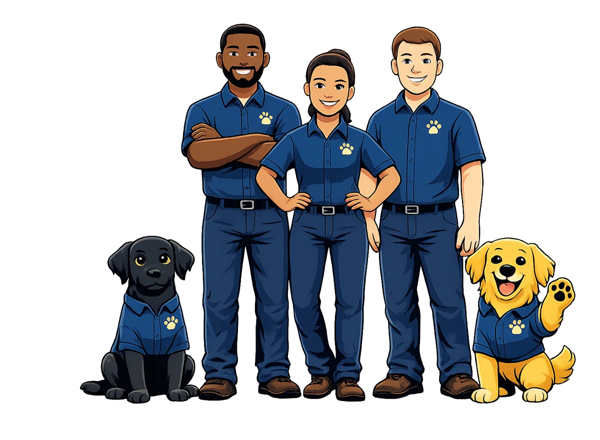 The KW Heating and Cooling crew of Chicago HVAC technicians with Kona the black labrador and Woody the golden retriever