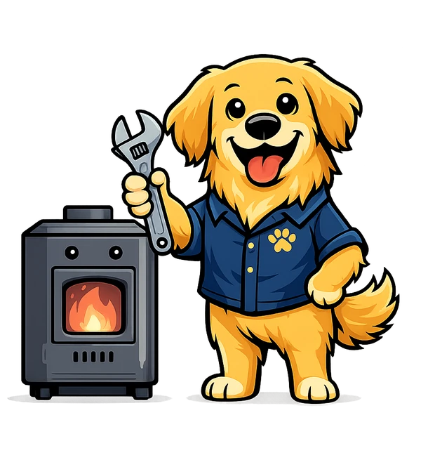 Woody the golden retriever mascot holding a wrench beside a furnace