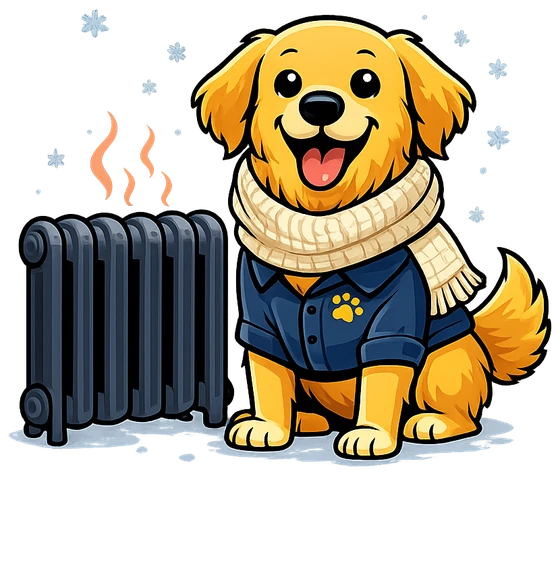 Woody the golden retriever mascot in a scarf beside a cast iron radiator